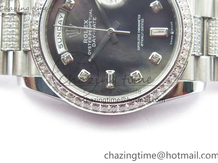 MiroTime 0309 SmoothTexture Day-Date 36mm 128239 SS Crystal BP Best Edition Black MOP Crystal Marker Dial on SS President Bracelet A 2681